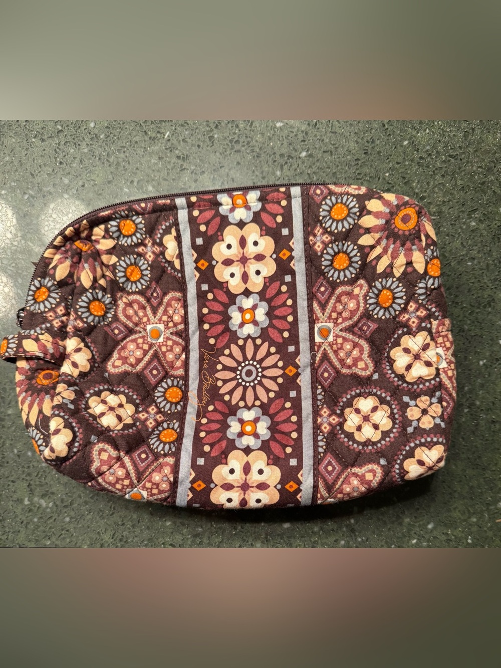 Vera Bradley Brown Quilted Floral Zip Cosmetic Pouch with Orange Accents